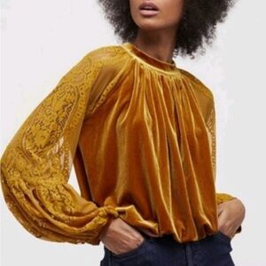 Free People Dream Team Top Blouse XS NWT Golden Velvet Lace